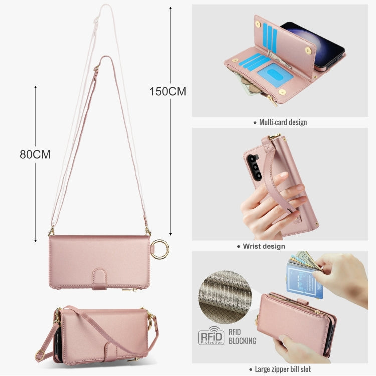 For Samsung Galaxy S23+ 5G Crossbody Ring Multifunctional Wallet Leather Phone Case(Rose Gold) - HoMEdemic™ 