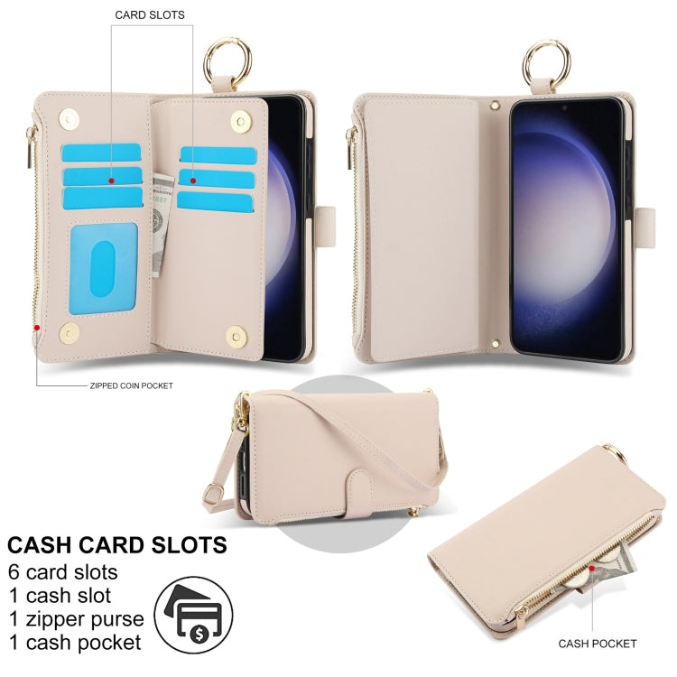 For Samsung Galaxy S23+ 5G Crossbody Ring Multifunctional Wallet Leather Phone Case(White) - HoMEdemic™ 