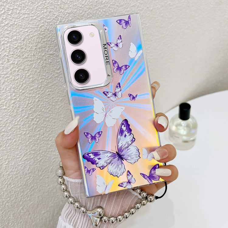 For Samsung Galaxy S23+ 5G Electroplating Laser Butterfly Phone Case with Wrist Strap(White Purple Butterflies AB6) - HoMEdemic™ 