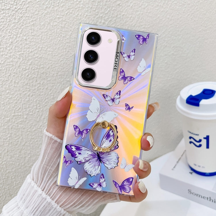 For Samsung Galaxy S23+ 5G Electroplating Laser Butterfly Ring Holder Phone Case(White Purple Butterflies AB6) - HoMEdemic™ 