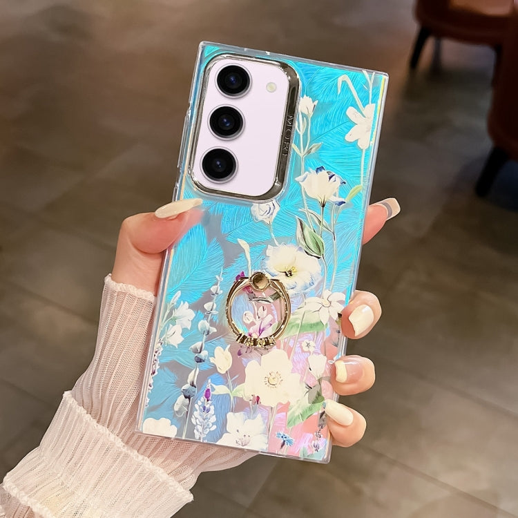 For Samsung Galaxy S23+ 5G Electroplating Laser Flower Ring Holder TPU Phone Case(Blue Flower AH8) - HoMEdemic™ 