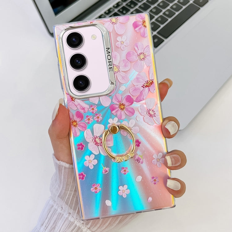 For Samsung Galaxy S23+ 5G Electroplating Laser Flower Ring Holder TPU Phone Case(Pink Flower AH13) - HoMEdemic™ 