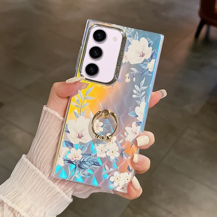 For Samsung Galaxy S23+ 5G Electroplating Laser Flower Ring Holder TPU Phone Case(White Flower AH10) - HoMEdemic™ 