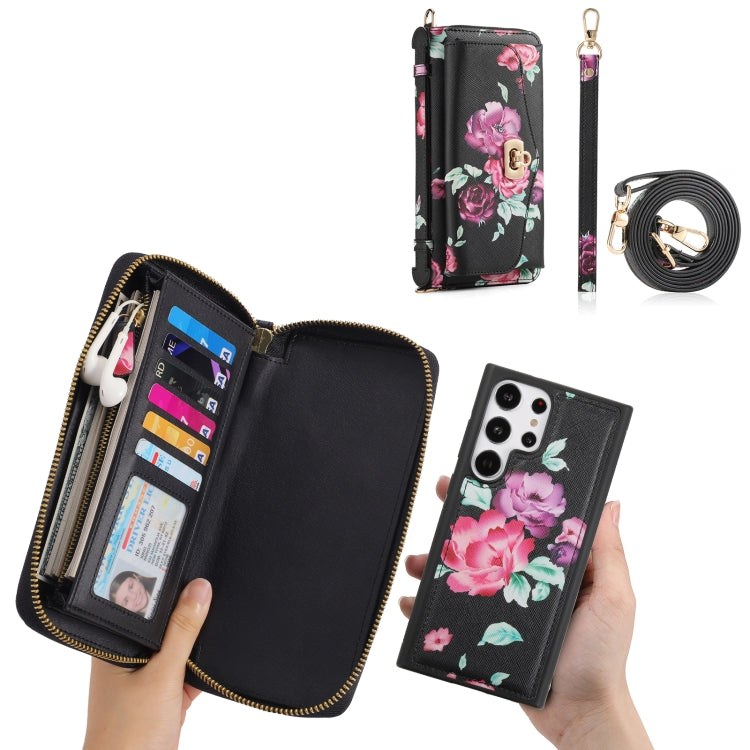 For Samsung Galaxy S23+ 5G Flower Multi-functional Crossbody Zipper Wallet Leather Phone Case(Black) - HoMEdemic™ 
