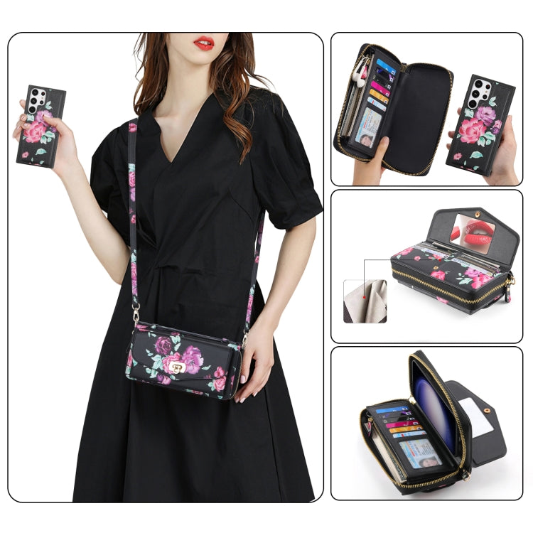 For Samsung Galaxy S23+ 5G Flower Multi-functional Crossbody Zipper Wallet Leather Phone Case(Black) - HoMEdemic™ 