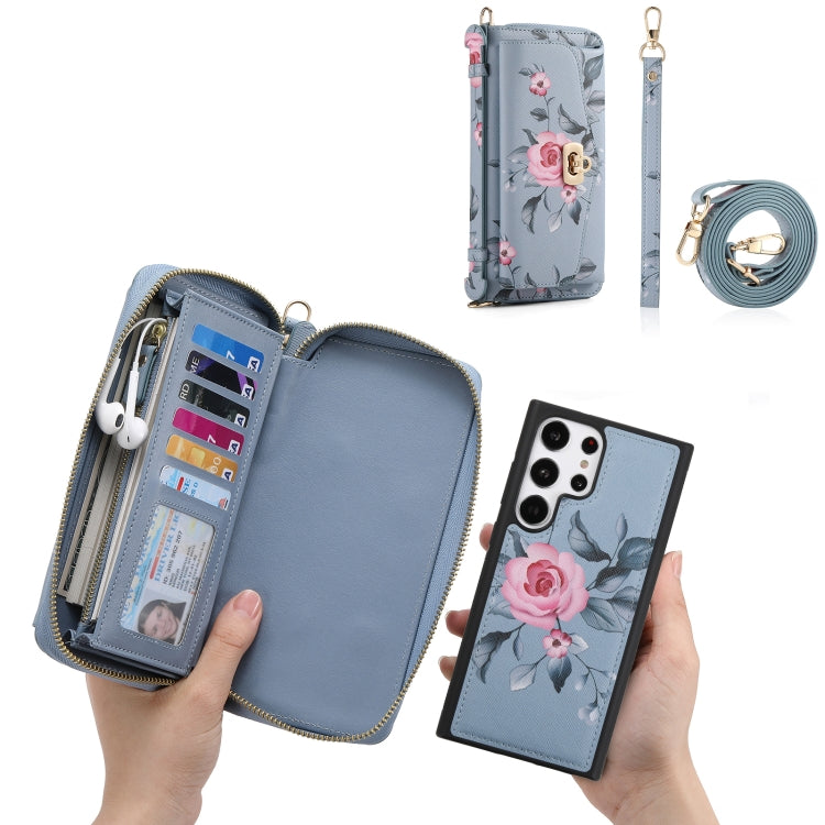 For Samsung Galaxy S23+ 5G Flower Multi-functional Crossbody Zipper Wallet Leather Phone Case(Blue) - HoMEdemic™ 