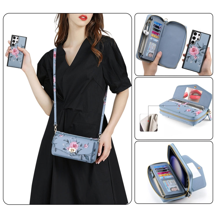 For Samsung Galaxy S23+ 5G Flower Multi-functional Crossbody Zipper Wallet Leather Phone Case(Blue) - HoMEdemic™ 