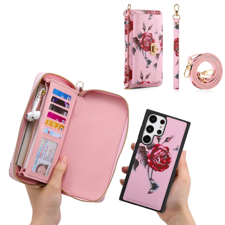 For Samsung Galaxy S23+ 5G Flower Multi-functional Crossbody Zipper Wallet Leather Phone Case(Pink) - HoMEdemic™ 