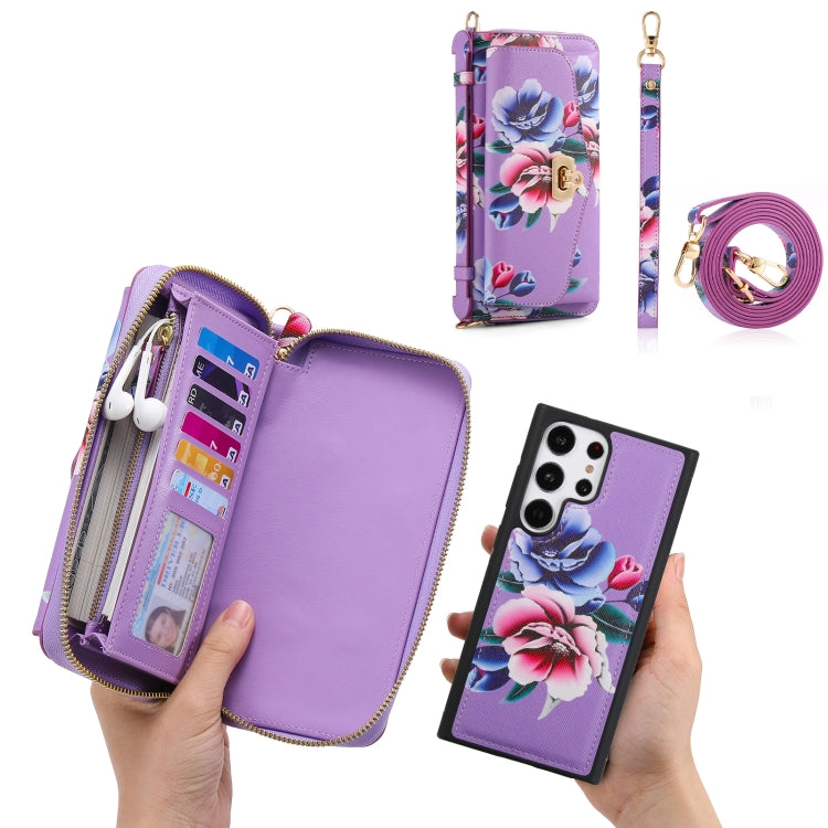 For Samsung Galaxy S23+ 5G Flower Multi-functional Crossbody Zipper Wallet Leather Phone Case(Purple) - HoMEdemic™ 