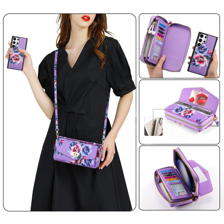For Samsung Galaxy S23+ 5G Flower Multi-functional Crossbody Zipper Wallet Leather Phone Case(Purple) - HoMEdemic™ 