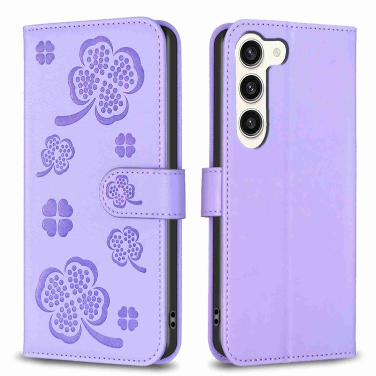 For Samsung Galaxy S23+ 5G Four-leaf Embossed Leather Phone Case(Purple) - HoMEdemic™ 