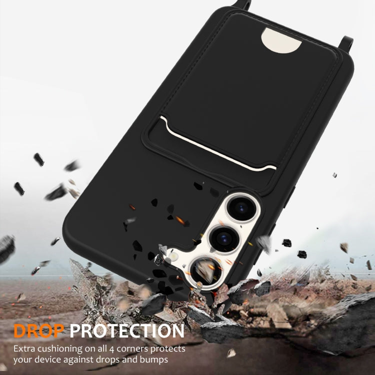 For Samsung Galaxy S23+ 5G Integrated Card Bag Solid Color Liquid Silicone Phone Case with Lanyard(Black) - HoMEdemic™ 
