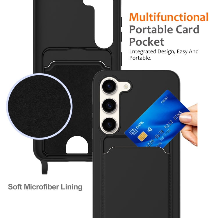 For Samsung Galaxy S23+ 5G Integrated Card Bag Solid Color Liquid Silicone Phone Case with Lanyard(Black) - HoMEdemic™ 