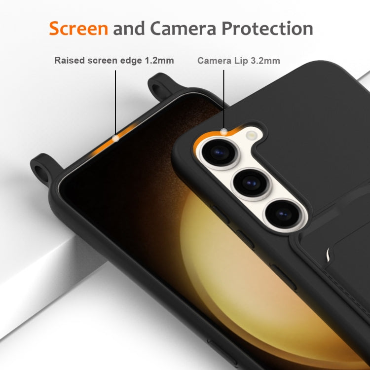 For Samsung Galaxy S23+ 5G Integrated Card Bag Solid Color Liquid Silicone Phone Case with Lanyard(Black) - HoMEdemic™ 
