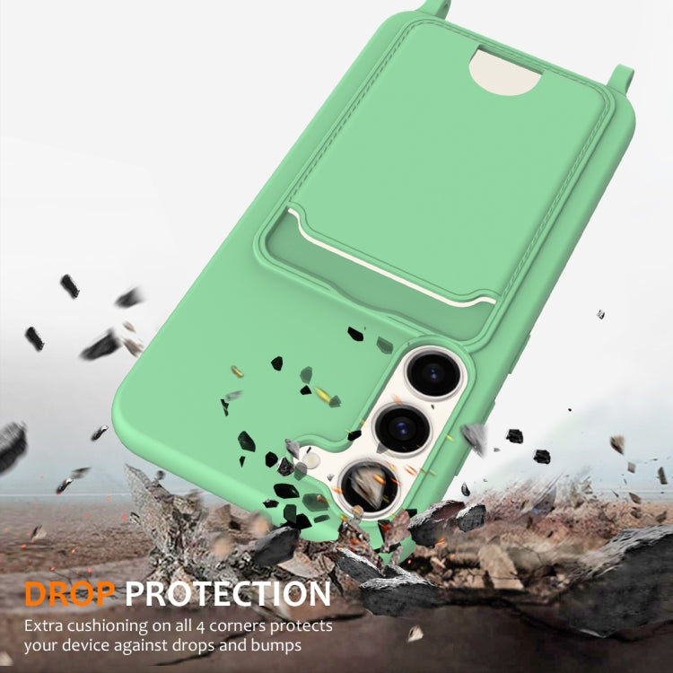 For Samsung Galaxy S23+ 5G Integrated Card Bag Solid Color Liquid Silicone Phone Case with Lanyard(Green) - HoMEdemic™ 