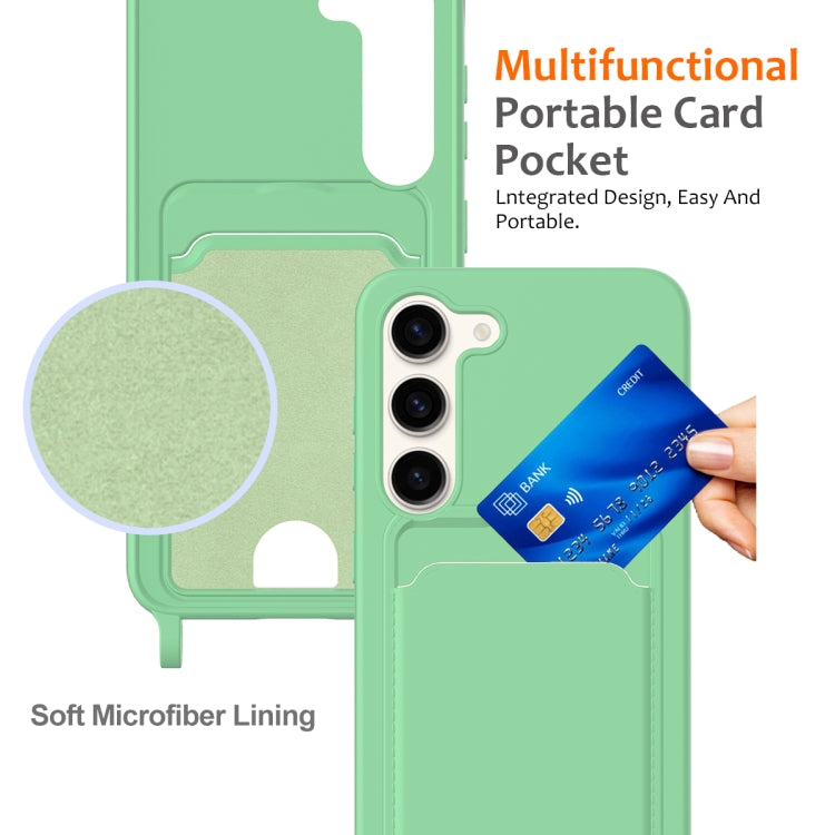 For Samsung Galaxy S23+ 5G Integrated Card Bag Solid Color Liquid Silicone Phone Case with Lanyard(Green) - HoMEdemic™ 