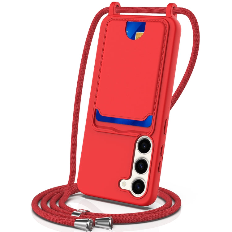 For Samsung Galaxy S23+ 5G Integrated Card Bag Solid Color Liquid Silicone Phone Case with Lanyard(Red) - HoMEdemic™ 