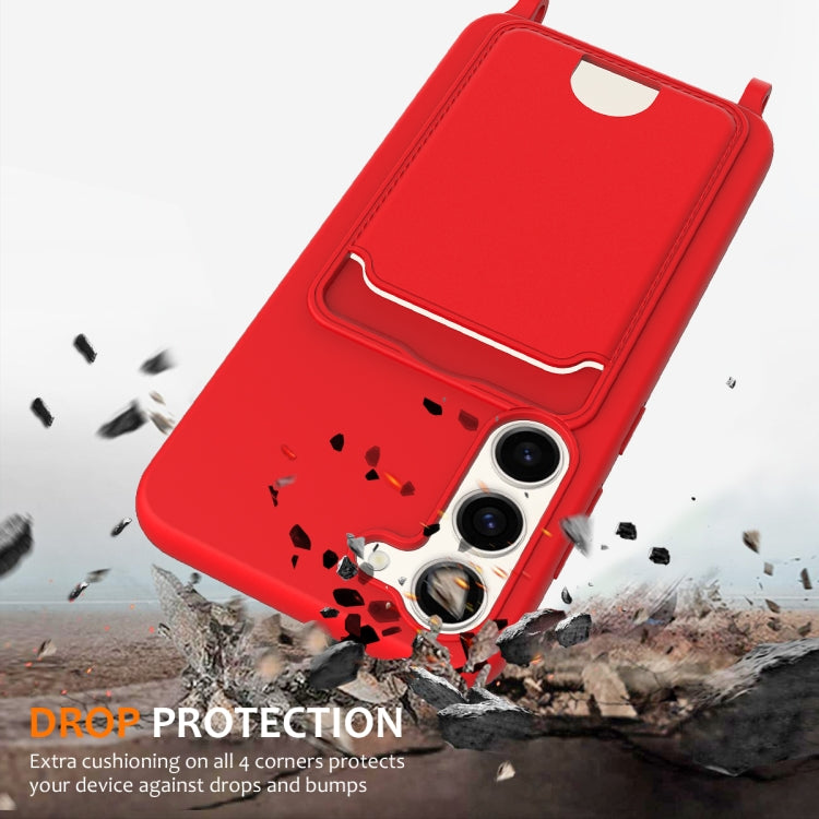 For Samsung Galaxy S23+ 5G Integrated Card Bag Solid Color Liquid Silicone Phone Case with Lanyard(Red) - HoMEdemic™ 