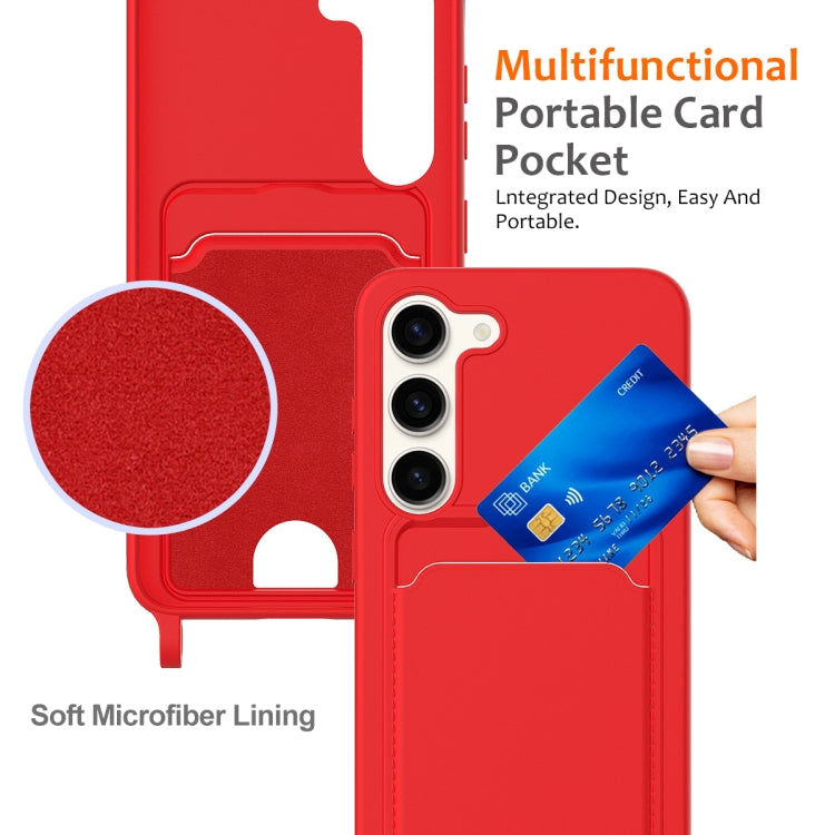 For Samsung Galaxy S23+ 5G Integrated Card Bag Solid Color Liquid Silicone Phone Case with Lanyard(Red) - HoMEdemic™ 