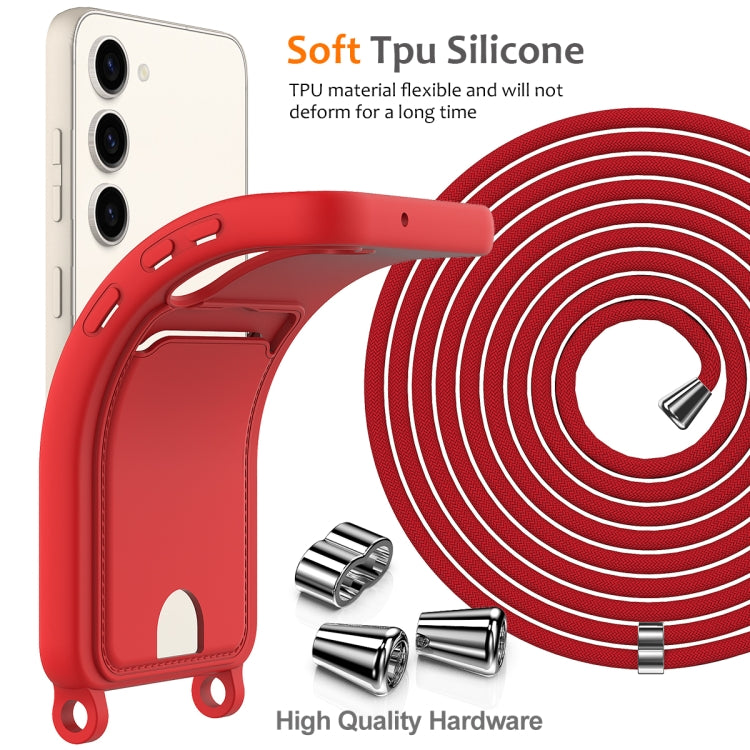 For Samsung Galaxy S23+ 5G Integrated Card Bag Solid Color Liquid Silicone Phone Case with Lanyard(Red) - HoMEdemic™ 