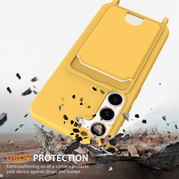 For Samsung Galaxy S23+ 5G Integrated Card Bag Solid Color Liquid Silicone Phone Case with Lanyard(Yellow) - HoMEdemic™ 