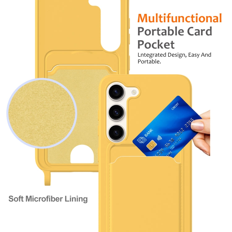 For Samsung Galaxy S23+ 5G Integrated Card Bag Solid Color Liquid Silicone Phone Case with Lanyard(Yellow) - HoMEdemic™ 