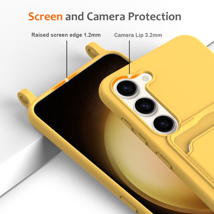 For Samsung Galaxy S23+ 5G Integrated Card Bag Solid Color Liquid Silicone Phone Case with Lanyard(Yellow) - HoMEdemic™ 
