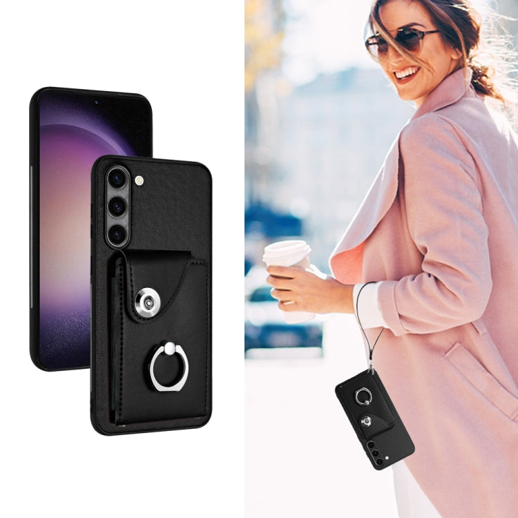 For Samsung Galaxy S23+ 5G Organ Card Bag Ring Holder PU Phone Case with Lanyard(Black) - HoMEdemic™ 