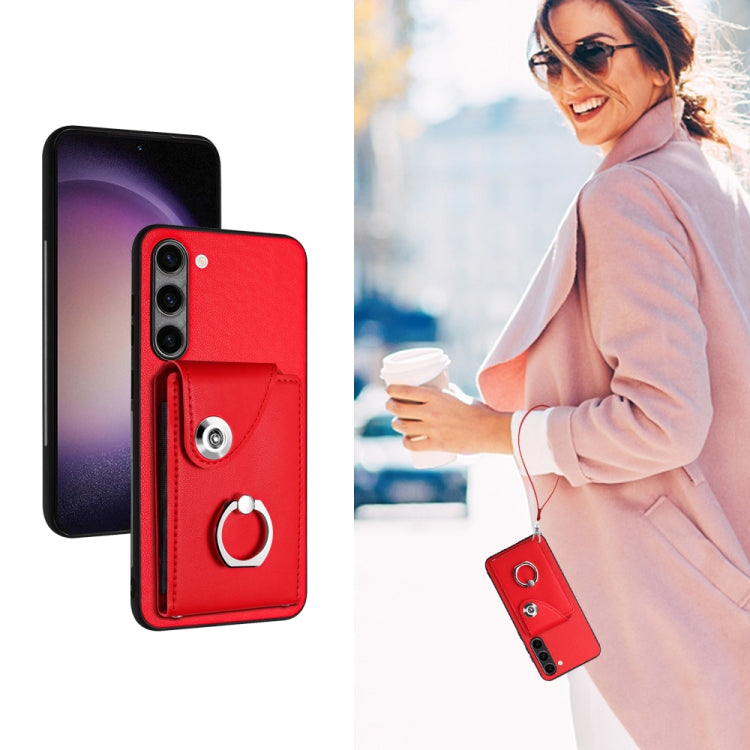 For Samsung Galaxy S23+ 5G Organ Card Bag Ring Holder PU Phone Case with Lanyard(Red) - HoMEdemic™ 