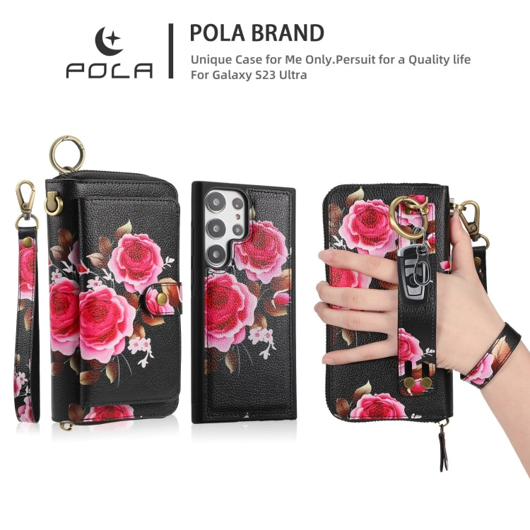 For Samsung Galaxy S23+ 5G POLA Flower Multi-functional Zipper Wallet Leather Phone Case(Black) - HoMEdemic™ 