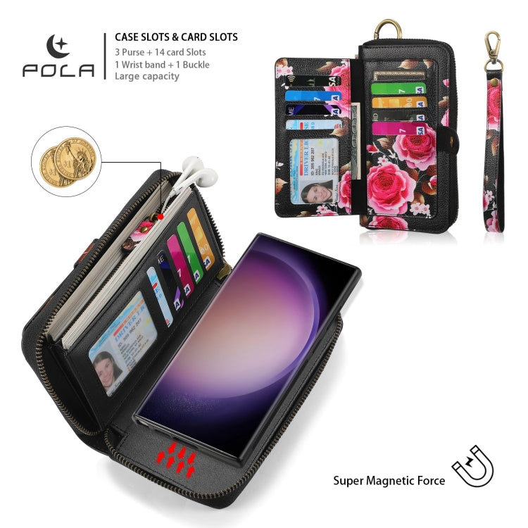 For Samsung Galaxy S23+ 5G POLA Flower Multi-functional Zipper Wallet Leather Phone Case(Black) - HoMEdemic™ 