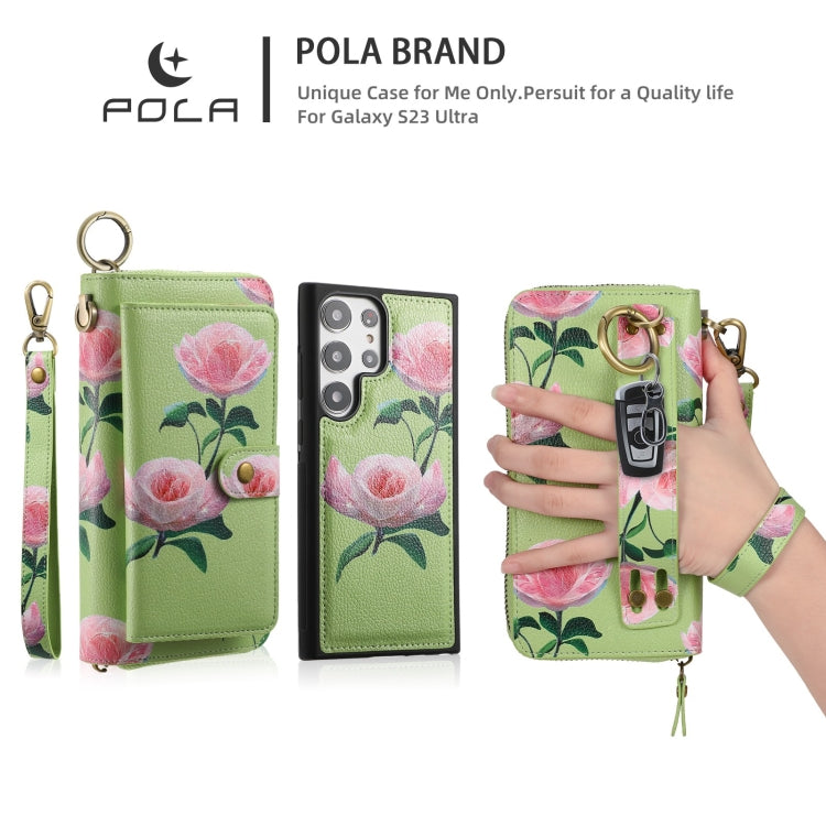 For Samsung Galaxy S23+ 5G POLA Flower Multi-functional Zipper Wallet Leather Phone Case(Green) - HoMEdemic™ 