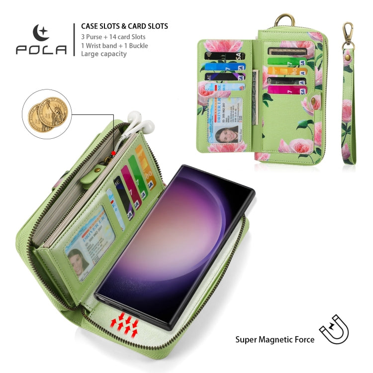For Samsung Galaxy S23+ 5G POLA Flower Multi-functional Zipper Wallet Leather Phone Case(Green) - HoMEdemic™ 