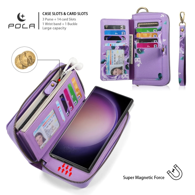 For Samsung Galaxy S23+ 5G POLA Flower Multi-functional Zipper Wallet Leather Phone Case(Purple) - HoMEdemic™ 