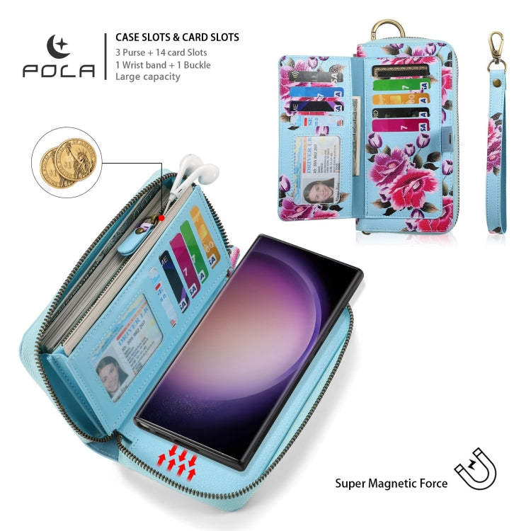 For Samsung Galaxy S23+ 5G POLA Flower Multi-functional Zipper Wallet Leather Phone Case(Sky Blue) - HoMEdemic™ 