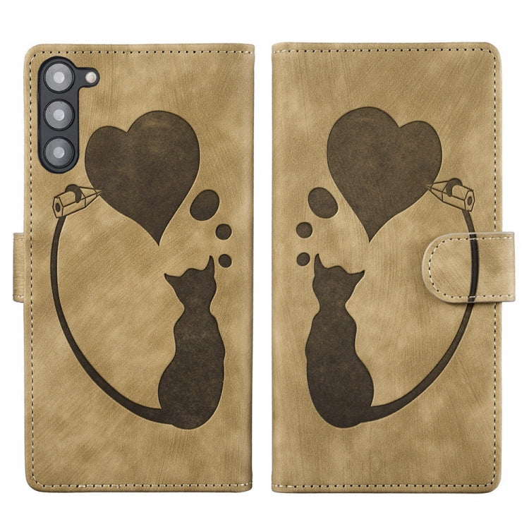 For Samsung Galaxy S23+ 5G Pen Heart Cat Embossed Leather Phone Case(Apricot) - HoMEdemic™ 