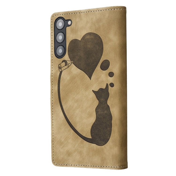 For Samsung Galaxy S23+ 5G Pen Heart Cat Embossed Leather Phone Case(Apricot) - HoMEdemic™ 