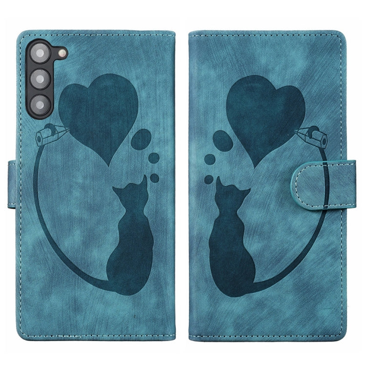 For Samsung Galaxy S23+ 5G Pen Heart Cat Embossed Leather Phone Case(Blue) - HoMEdemic™ 