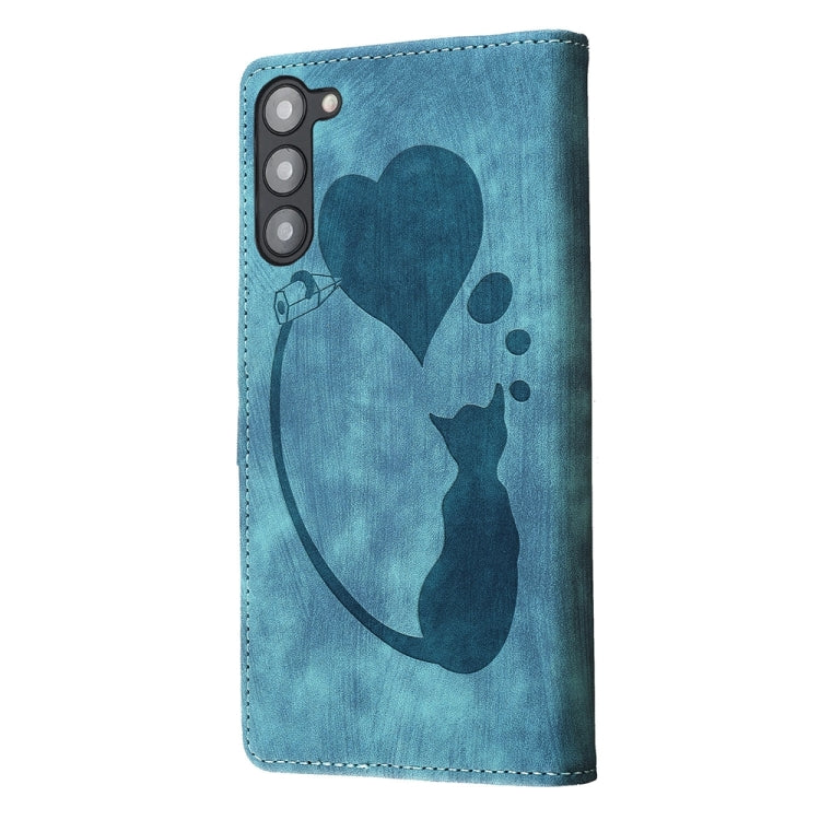 For Samsung Galaxy S23+ 5G Pen Heart Cat Embossed Leather Phone Case(Blue) - HoMEdemic™ 