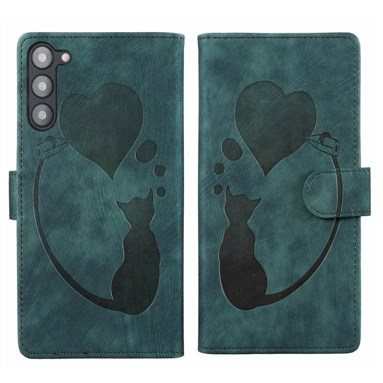 For Samsung Galaxy S23+ 5G Pen Heart Cat Embossed Leather Phone Case(Green) - HoMEdemic™ 