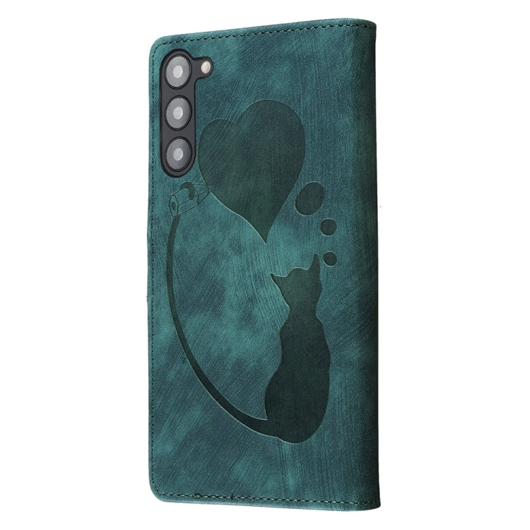 For Samsung Galaxy S23+ 5G Pen Heart Cat Embossed Leather Phone Case(Green) - HoMEdemic™ 