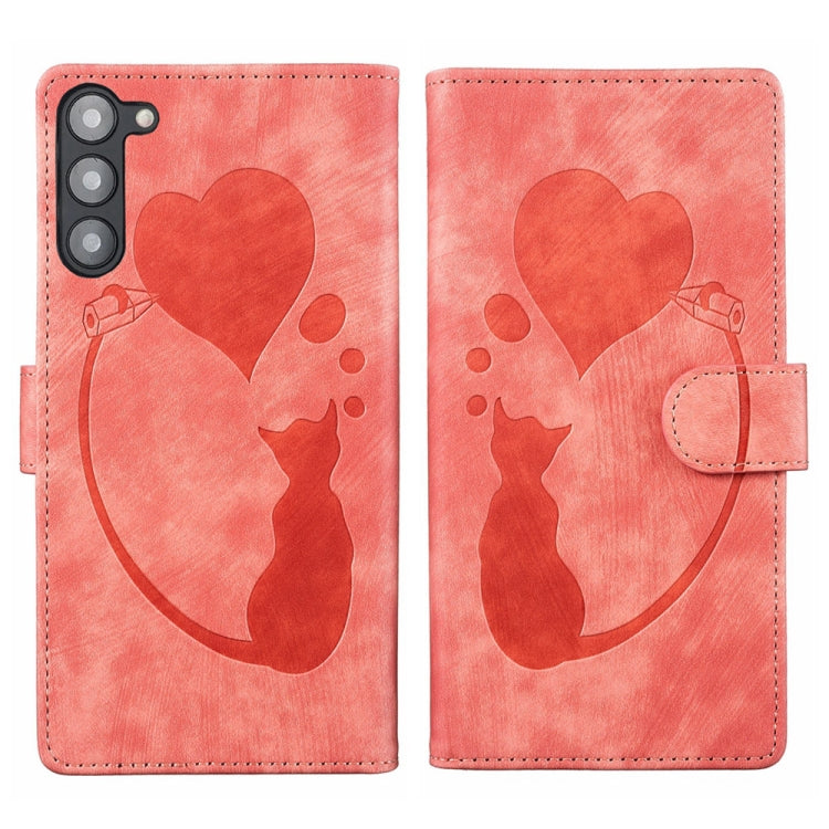 For Samsung Galaxy S23+ 5G Pen Heart Cat Embossed Leather Phone Case(Orange) - HoMEdemic™ 