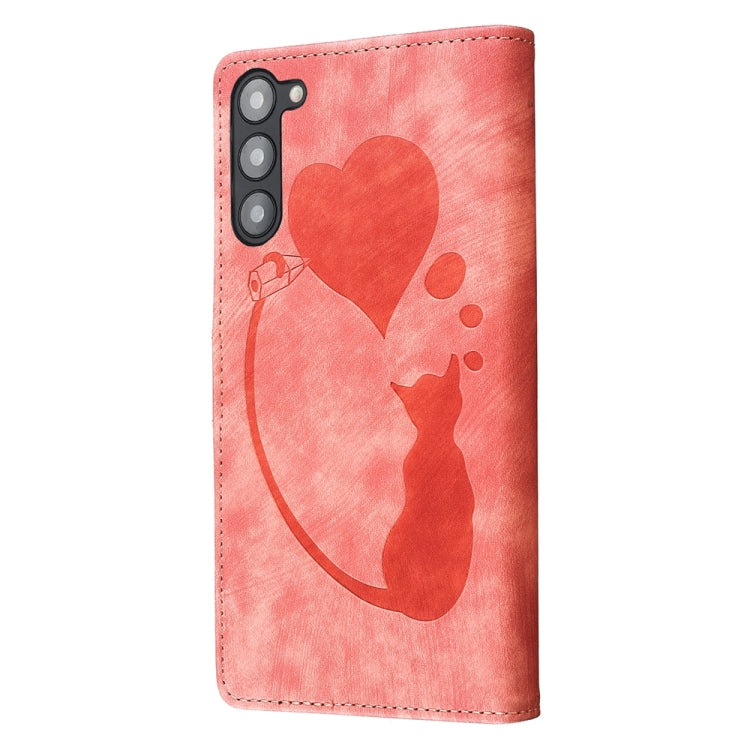 For Samsung Galaxy S23+ 5G Pen Heart Cat Embossed Leather Phone Case(Orange) - HoMEdemic™ 