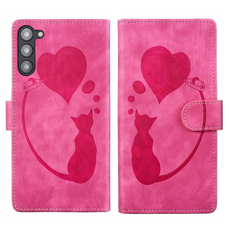 For Samsung Galaxy S23+ 5G Pen Heart Cat Embossed Leather Phone Case(Pink) - HoMEdemic™ 