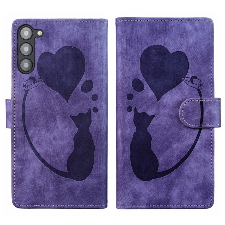 For Samsung Galaxy S23+ 5G Pen Heart Cat Embossed Leather Phone Case(Purple) - HoMEdemic™ 