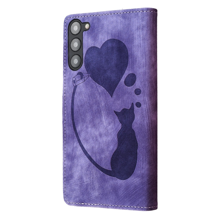 For Samsung Galaxy S23+ 5G Pen Heart Cat Embossed Leather Phone Case(Purple) - HoMEdemic™ 
