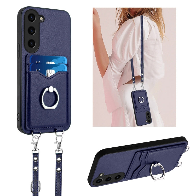 For Samsung Galaxy S23+ 5G R20 Crossbody Rope Ring Card Holder Phone Case(Blue) - HoMEdemic™ 