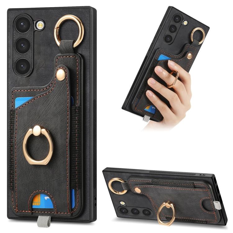 For Samsung Galaxy S23+ 5G Retro Skin-feel Ring Card Bag Phone Case with Hang Loop(Black) - HoMEdemic™ 