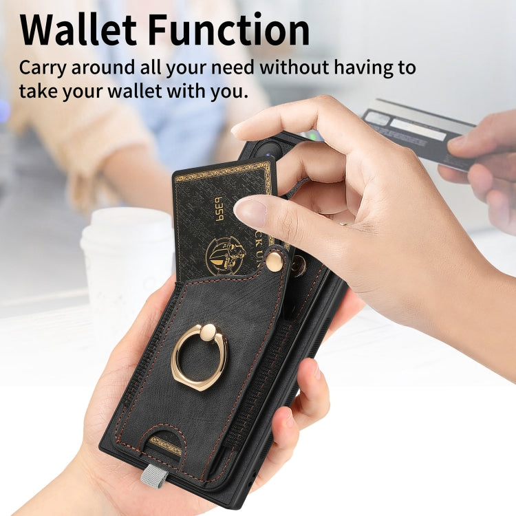 For Samsung Galaxy S23+ 5G Retro Skin-feel Ring Card Bag Phone Case with Hang Loop(Black) - HoMEdemic™ 