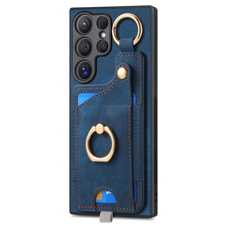 For Samsung Galaxy S23+ 5G Retro Skin-feel Ring Card Bag Phone Case with Hang Loop(Blue) - HoMEdemic™ 